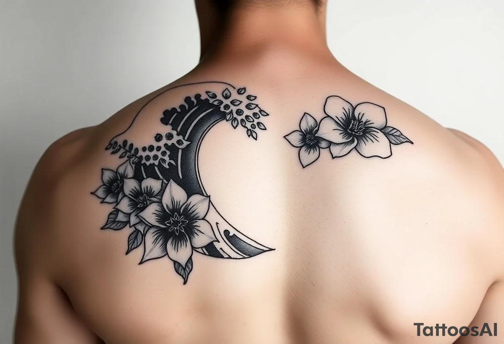 japanese waves and flowers tattoo idea