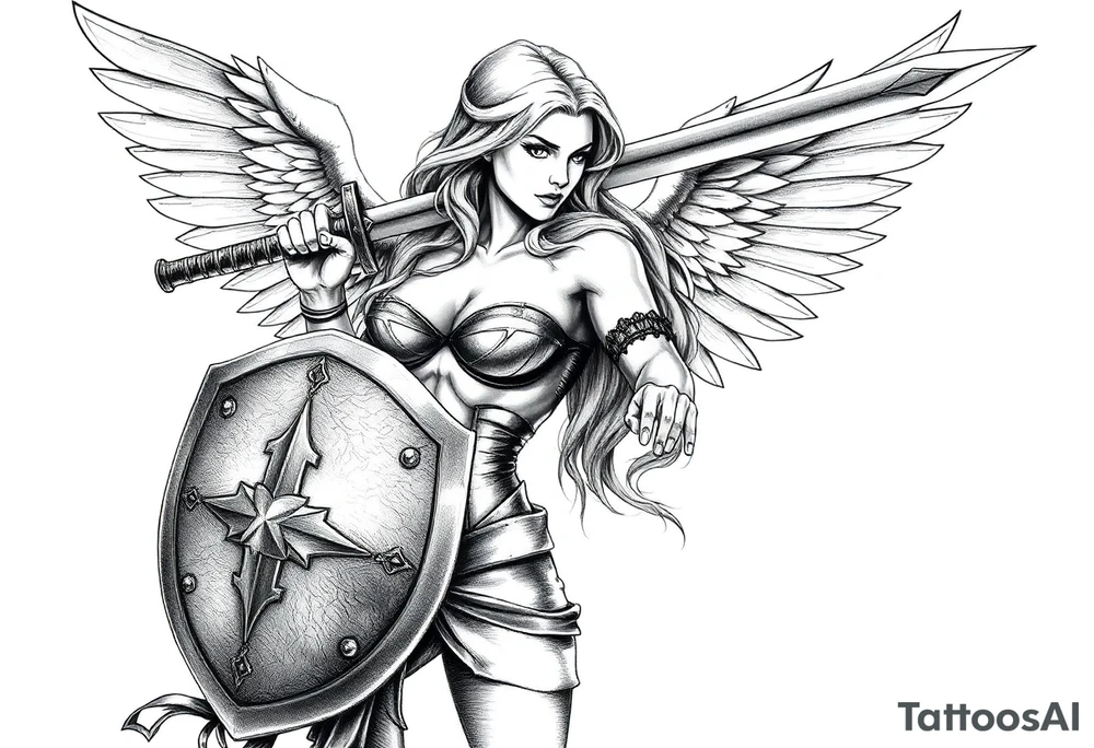 blonde valkyrie with sword and shield -- location calf -- image should show entire body of the valkyrie -- she should have large breasts and beautiful yet tough -- hyper realistic tattoo idea
