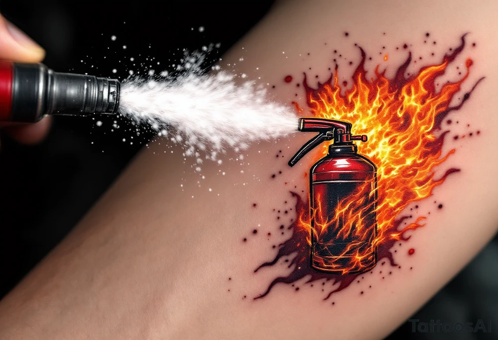 A fire extinguisher spraying a burst of flames, white mist and blazing reds and oranges. tattoo idea