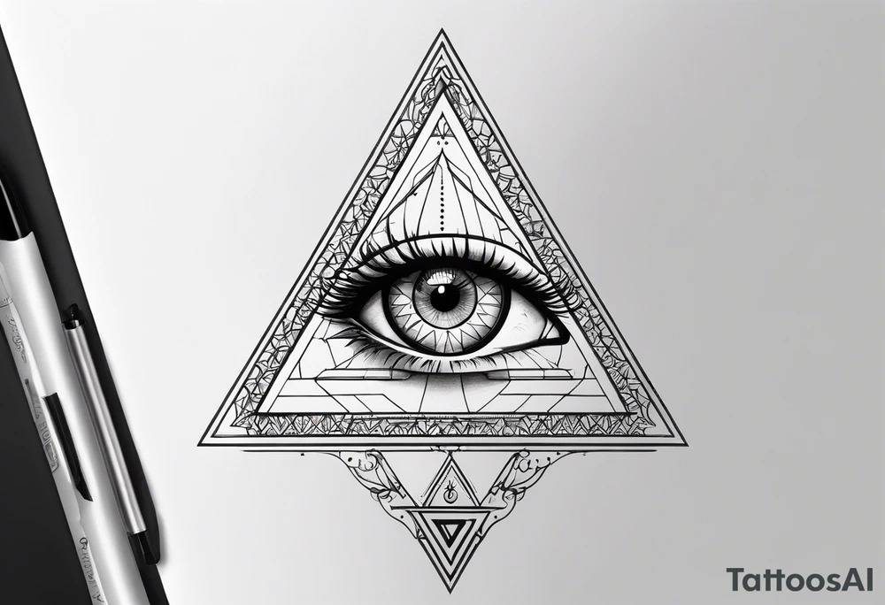 triangle tattoo with eye inside in arabic letters. Inside the iris create a clock. the pupil loophole. tattoo idea