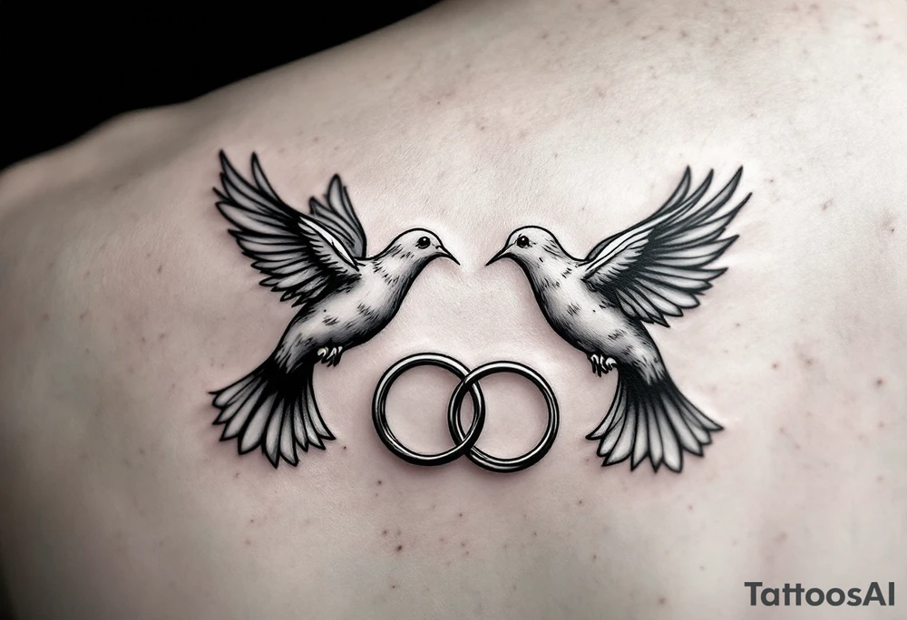 Two doves flying toward each other, with their wings forming the shape of a heart. Below them, two wedding bands are delicately entwined. tattoo idea