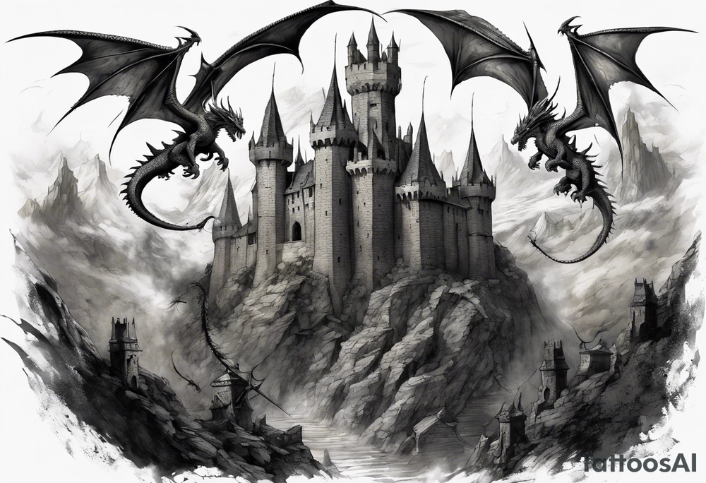 In this striking tattoo concept, three fierce and realistic dragons with distinct characteristics fiercely patrol the highest spires of an ancient castle, guarding it against an irate village of angry villagers wielding torches and makeshift weapons. The castle, adorned with Gothic-inspired architecture, stands as a testament to time and history, with the dragons' intricate scales and wings, ranging from fiery crimson to glacial blue and rugged stone-like textures, rendered in meticulous detail. The contrasting emotions of fury, determination, and desperation are vividly portrayed in the villagers' expressions. This hyper-realistic composition blends medieval fantasy, mythology, and human emotion, promising to be a mesmerizing and awe-inspiring masterpiece etched into your skin tattoo idea