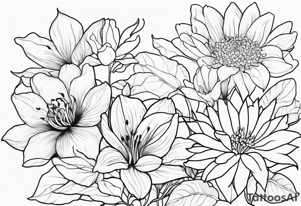 Lillies, roses, morning glories, chrysanthemums tattoo idea