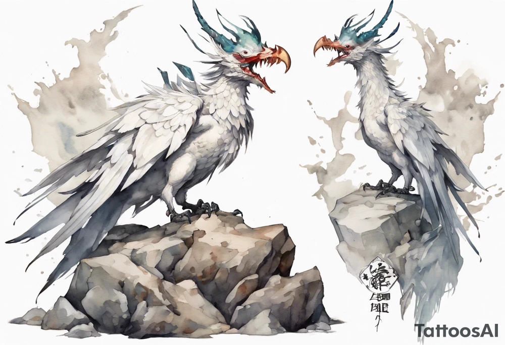 a white bird-wyvern hybrid, wearing a plain iron crown on head, perched on a stone tattoo idea