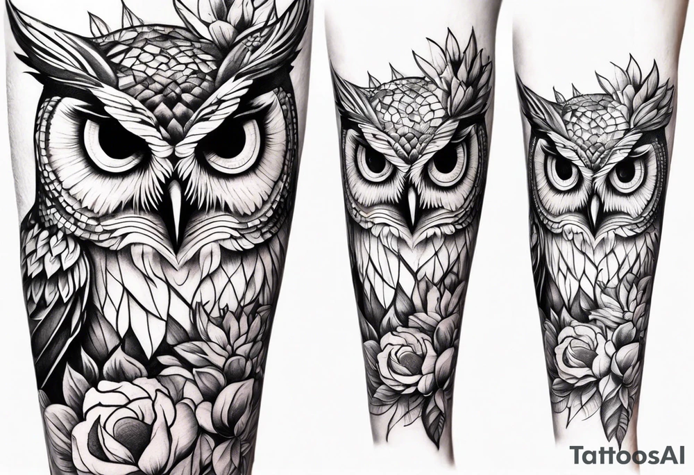 Leg sleeve with colorful sunflowers and an owl tattoo idea