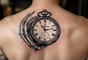 A monochrome skeleton hand holding a ticking pocket watch with gold highlights, "memento mori" engraved across the watch face. tattoo idea