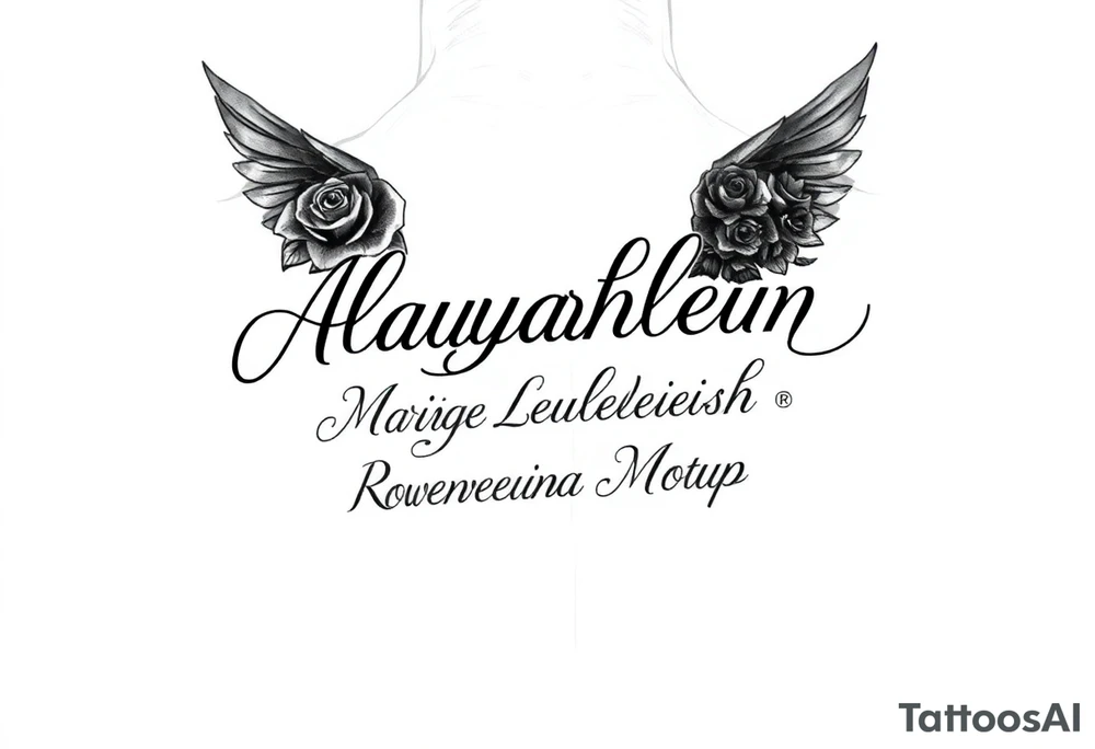 Create a bold and seductive upper back tattoo design featuring the name “Aalayahleigh Marita Layeleisha Rowena Motlap” in elegant cursive script. The lettering should flow smoothly across the upper back with a luxurious and masculine aesthetic. Add fine-line roses, dark angel wings fading behind the text, subtle smoke shading, and glossy chrome-style highlights to make the tattoo look hot, powerful, and romantic. Include intricate shadow work and detailed calligraphy with a black-and-grey realistic style. The design should feel sexy, premium, and eye-catching, with a balance of softness and dominance. Make the name the centerpiece with dramatic curves and artistic flourishes extending naturally across the shoulders. tattoo idea