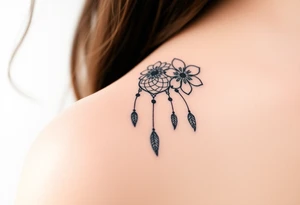 Feminine fine line flowers with a dream catcher tattoo idea