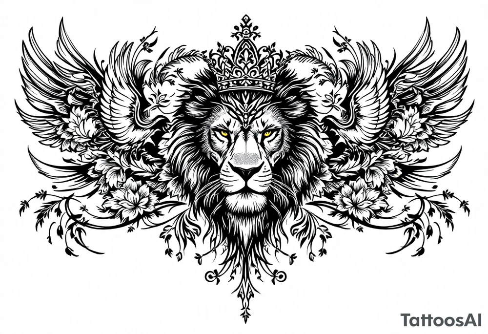 powerful majestic lion with a crown, surrounded by floral ornaments and birds tattoo idea