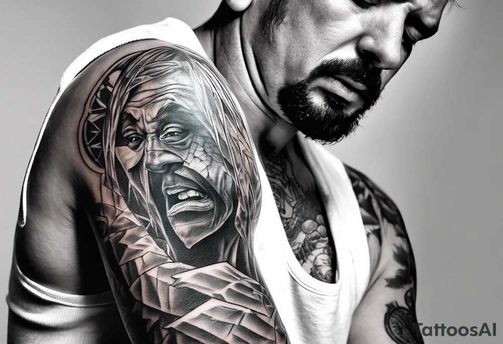 extreme chronic joint pain breaking through skin on arm sorrow sad broken tissue  man realistic tattoo idea