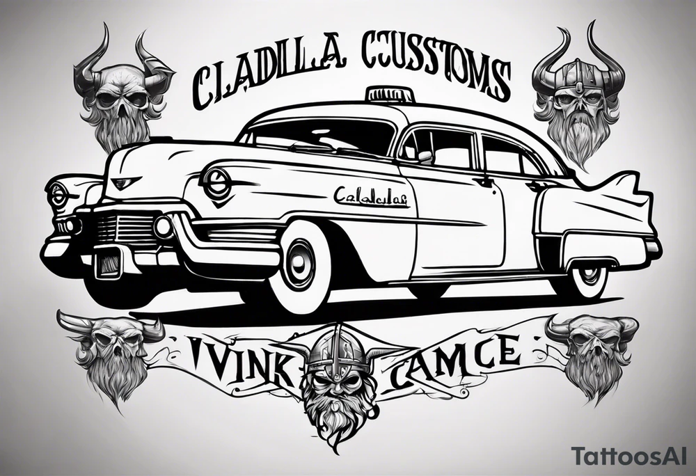 I want a tattoo of an old Cadillac car and a vaking in the back with the name “Viking Customs” incorporated in the design tattoo idea