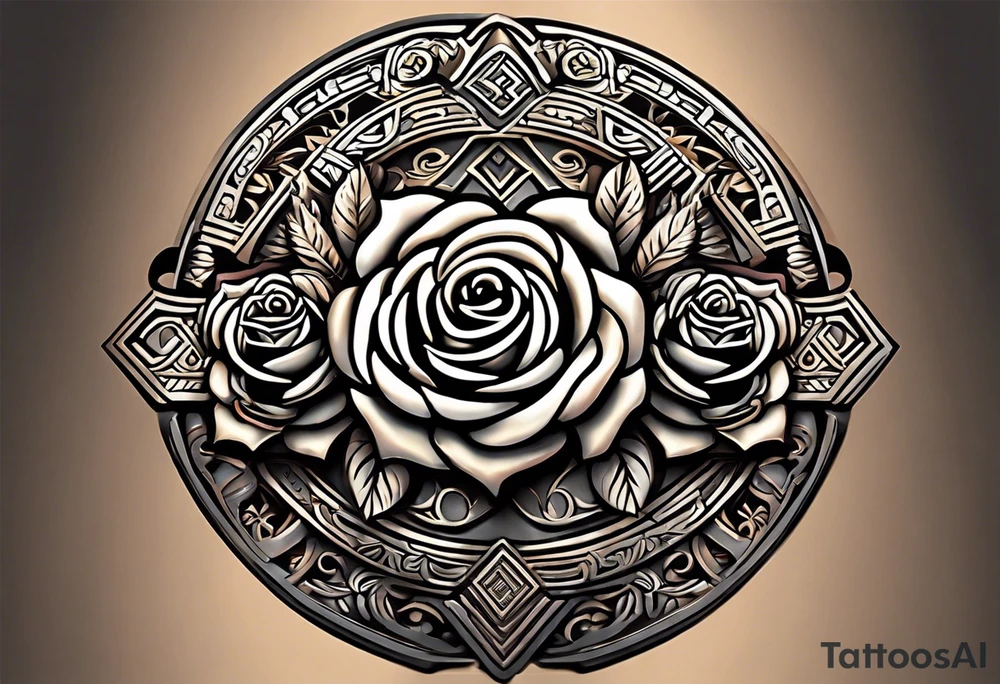 Design a masculine tattoo depicting three delicate rose buds being embraced and protected by 
Aztec weapons. The weapons should include elements such as the macuahuitl (Aztec sword-club)
, arranged in a way that forms a protective circle or embrace around the roses. Carve the entire image as if it were a stone sculpture by an ancient Aztec artist, with the texture resembling intricately detailed stone carvings. The roses should be slightly softer but still stylized in stone, giving the entire tattoo a powerful, yet artistic and ancient feel. Use bold, sharp lines to capture the essence of Aztec craftsmanship tattoo idea