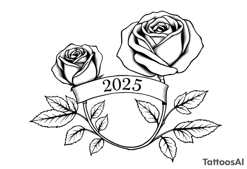 two beautiful large rose buds, one larger than the other, with many leaves next to the rose buds, with one sitting higher than the other. Include a banner connecting the two roses with the year "2025" on it.   Use dark outlines with little shading. The two stems should be short, not long, and connect and join into one stem, whimsically curved or twisted - not straight down. tattoo idea