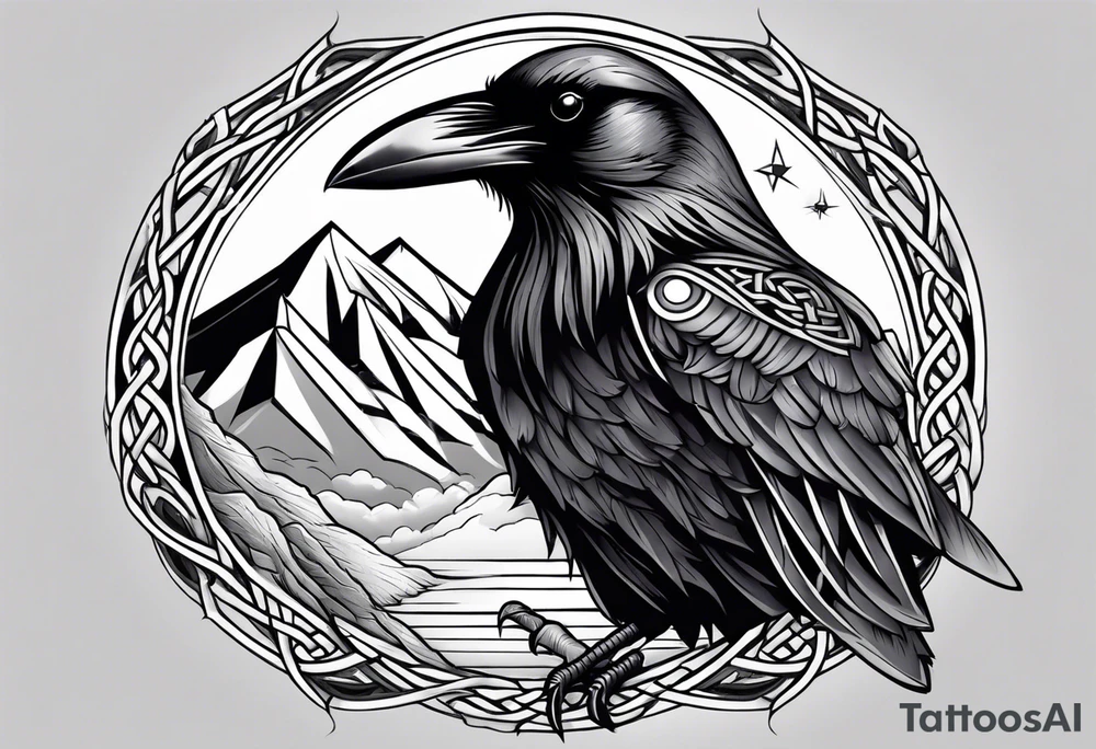 Raven head with Celtic compass and mountain on lower arm tattoo idea