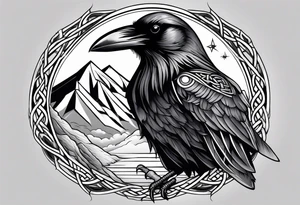 Raven head with Celtic compass and mountain on lower arm tattoo idea