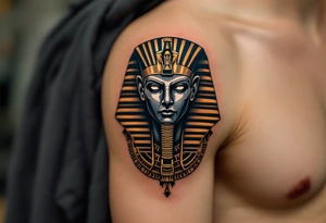 A powerful Sphinx head in solid black and bronze, with an intense gaze and massive headdress, inked across the upper arm as a symbol of strength and wisdom. tattoo idea