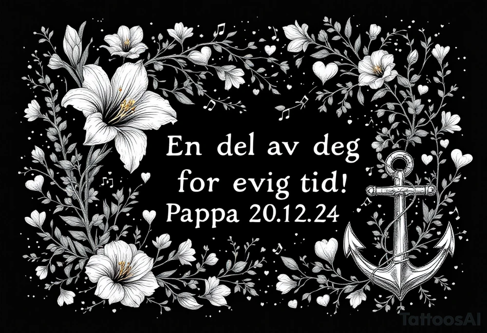 make a quote that says "En del av deg for evig tid! Pappa 20.12.24" Surrounded by gladiolus, music notes, hearts and an anchor tattoo idea