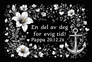 make a quote that says "En del av deg for evig tid! Pappa 20.12.24" Surrounded by gladiolus, music notes, hearts and an anchor tattoo idea
