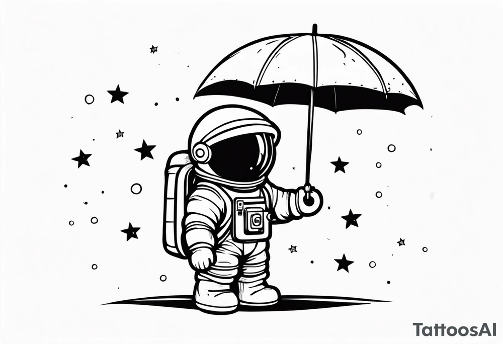 floating astronaut, with stars for eyes, holding an umbrella, with a blank speech bubble tattoo idea