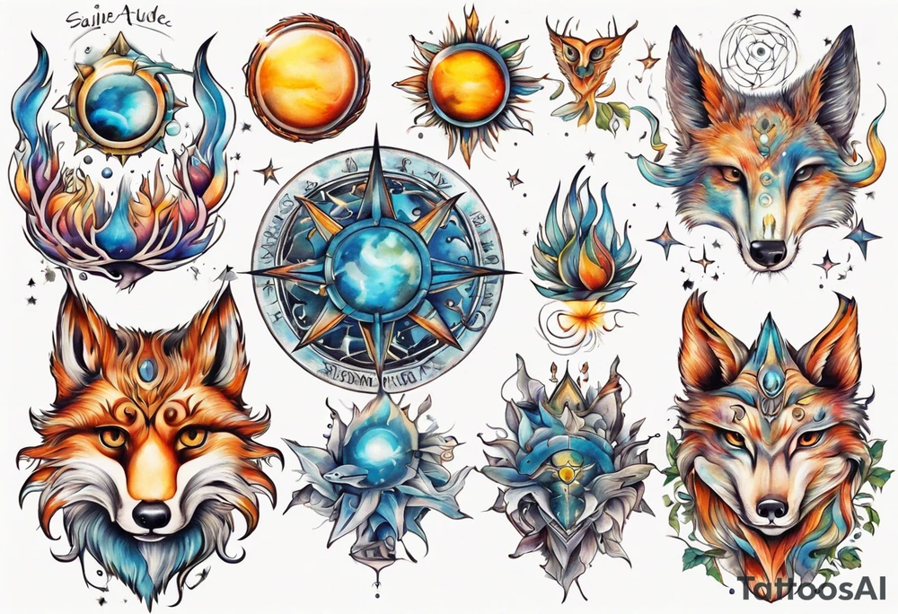 fisch, fuchs und eule , symetrie  sonne, universum, bunt, " sapere aude" tattoo idea