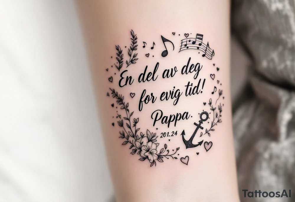 make a quote that says "En del av deg for evig tid! Pappa 20.12.24" Surrounded by gladiolus, music notes, hearts and an anchor tattoo idea