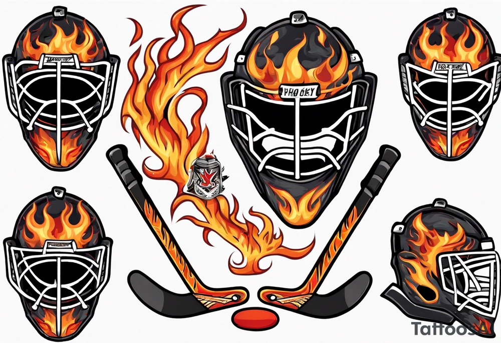 a goalie mask with crossed hockey sticks and flames that says "SHOT HOCKEY" tattoo idea