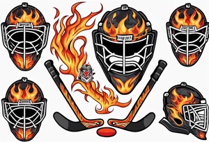 a goalie mask with crossed hockey sticks and flames that says "SHOT HOCKEY" tattoo idea