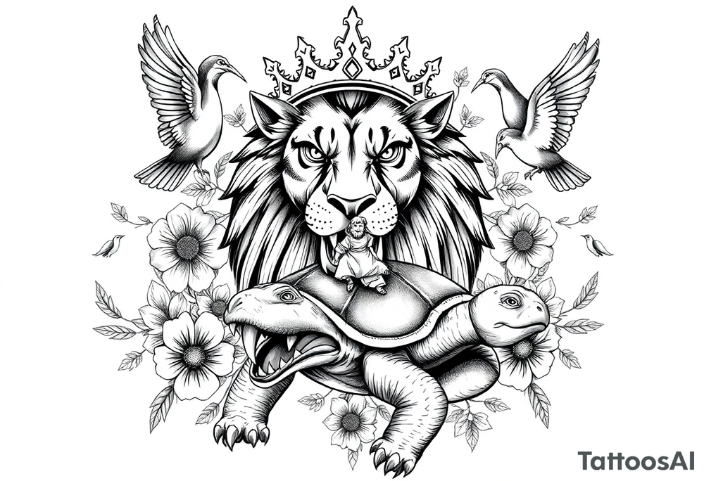 powerful majestic lion with a crown, surrounded by floral ornaments and birds an angry turtle with huge teeth and a tiny hobbit like person riding on the back tattoo idea