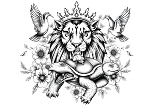 powerful majestic lion with a crown, surrounded by floral ornaments and birds an angry turtle with huge teeth and a tiny hobbit like person riding on the back tattoo idea