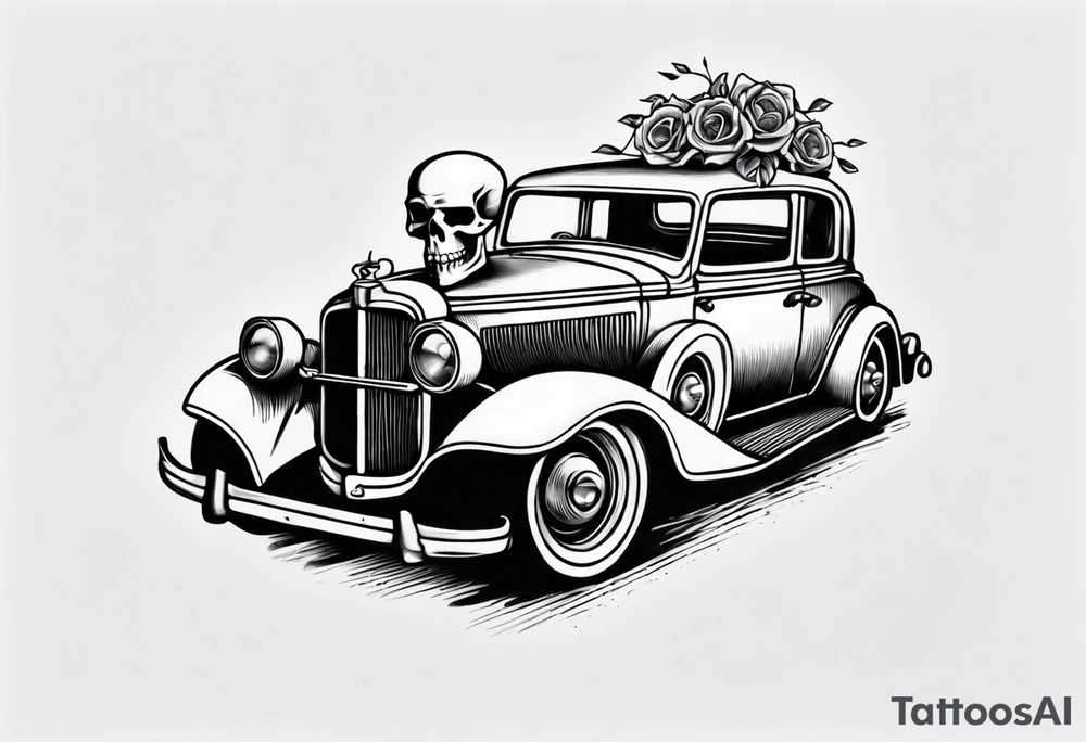 Vintage classic car with skeleton coming from the bonnet tattoo idea