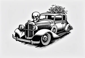 Vintage classic car with skeleton coming from the bonnet tattoo idea
