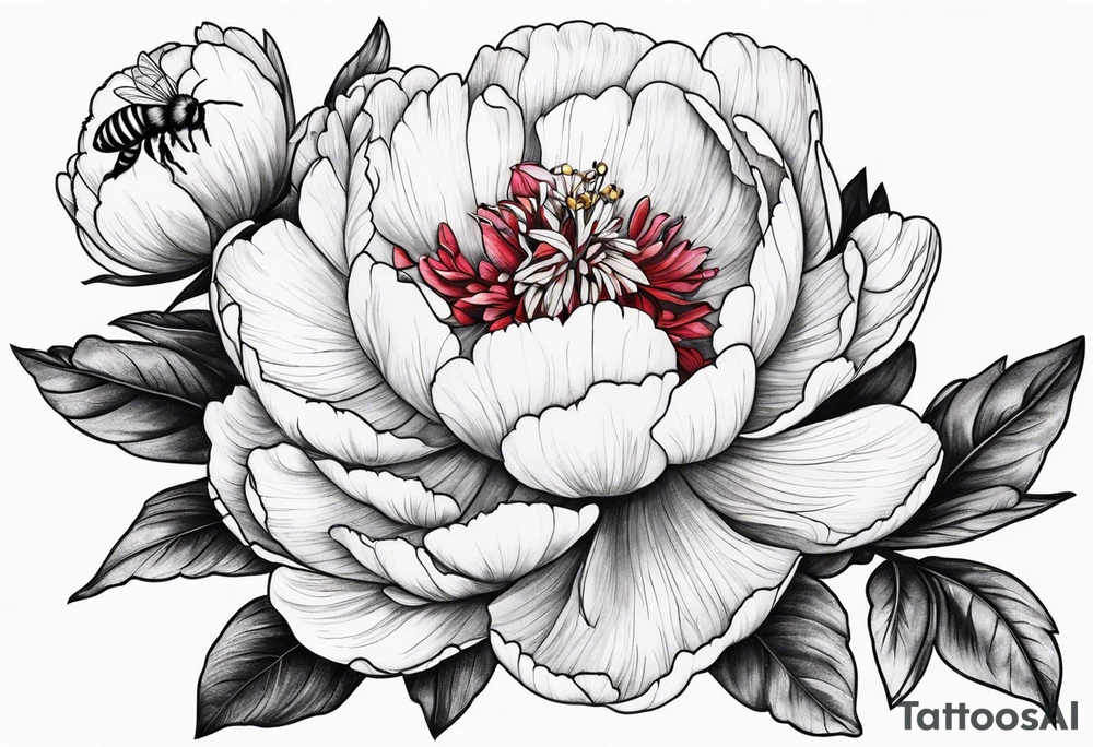 red peony with bee tattoo idea