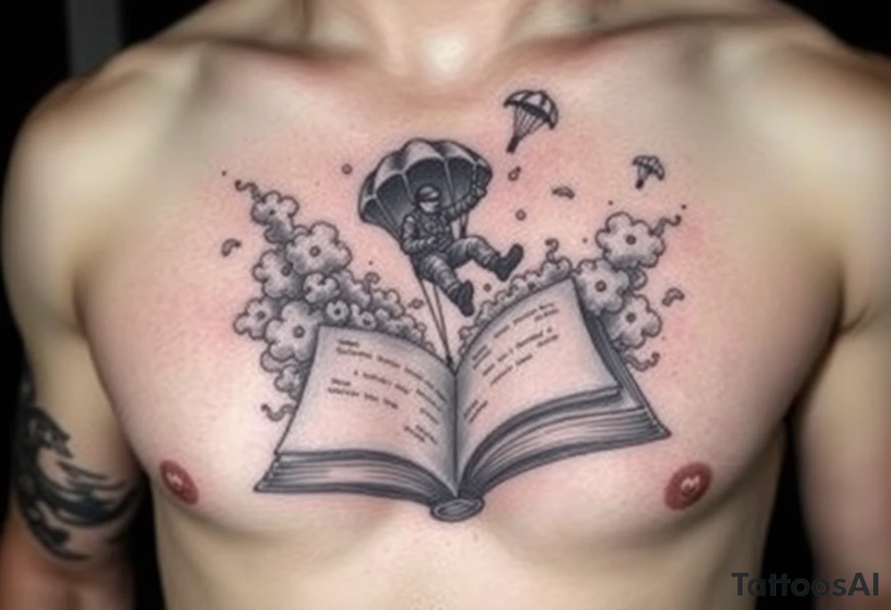 A parachuting soldier falling into an open book. Chaos surrounding, but the book is protecting the soldier from it. On the chest. Make the tattoo smaller. Make it thought provoking. Make the chaos in the environment be an eerie mist. Make the pages in the book be blank. Just one soldier, no other characters. the book is old. tattoo idea