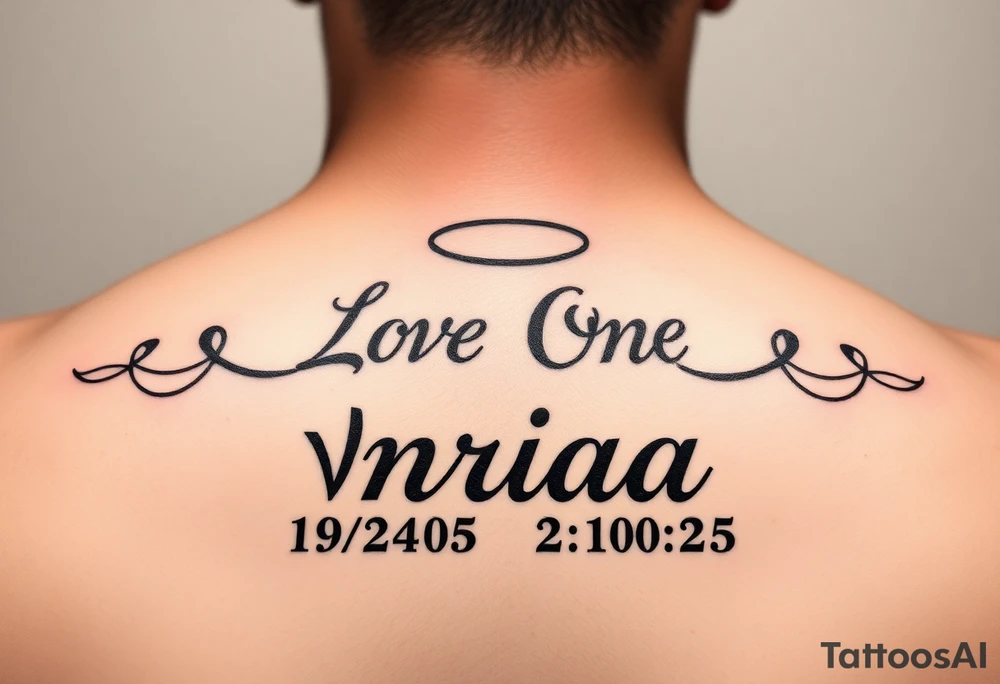 Love one tattoo with the name nriaa 9/24/05 death date 2/10/25 black lining, less shade in including a halo tattoo idea