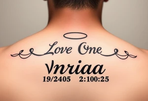 Love one tattoo with the name nriaa 9/24/05 death date 2/10/25 black lining, less shade in including a halo tattoo idea