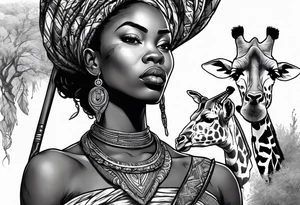 African woman warrior holding a spear with a mean look on her face with birds in the background and giraffe tattoo idea