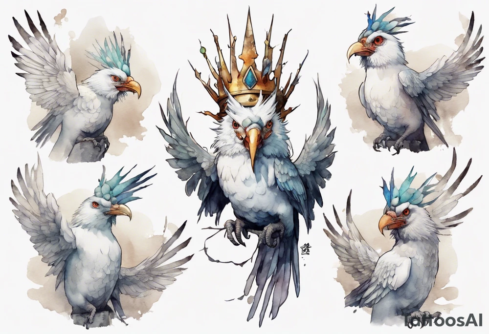 a white Cockatrice wearing a plain iron crown, perched on a stone tattoo idea