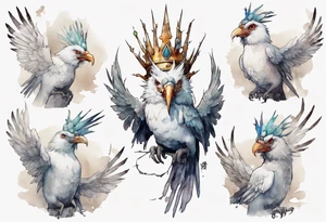 a white Cockatrice wearing a plain iron crown, perched on a stone tattoo idea