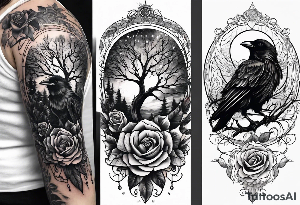 rose lightening rain raven tree of life tattoo idea