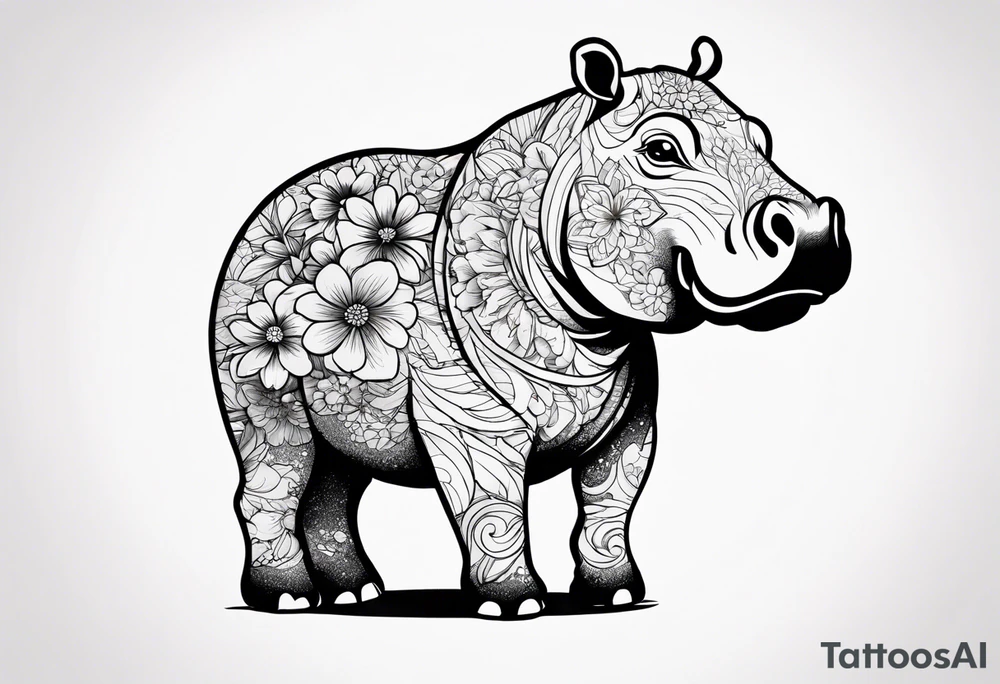 cute hippo with flowers tattoo idea