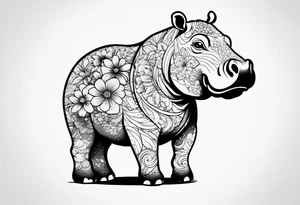 cute hippo with flowers tattoo idea