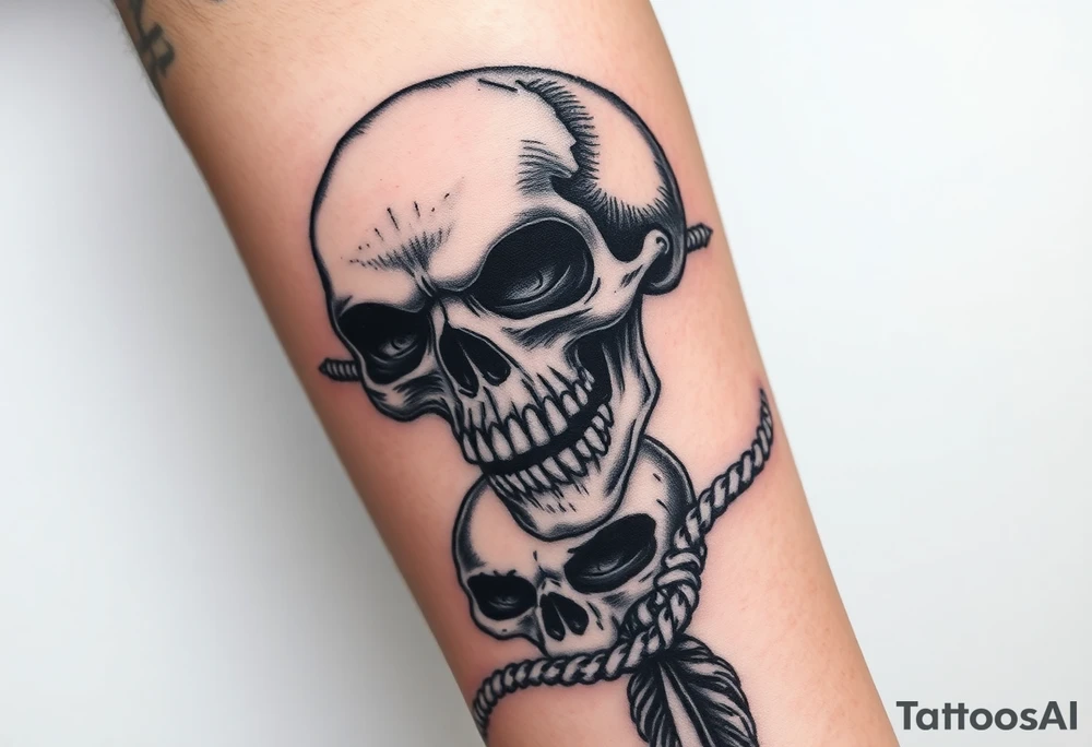 tattoo depicts a detailed skull with large fangs and ropes tied around it. The skull is surrounded by black feathers, with part of another skull visible underneath. The tattoo is done in a black and gray technique, which gives it a dramatic and mystical look tattoo idea