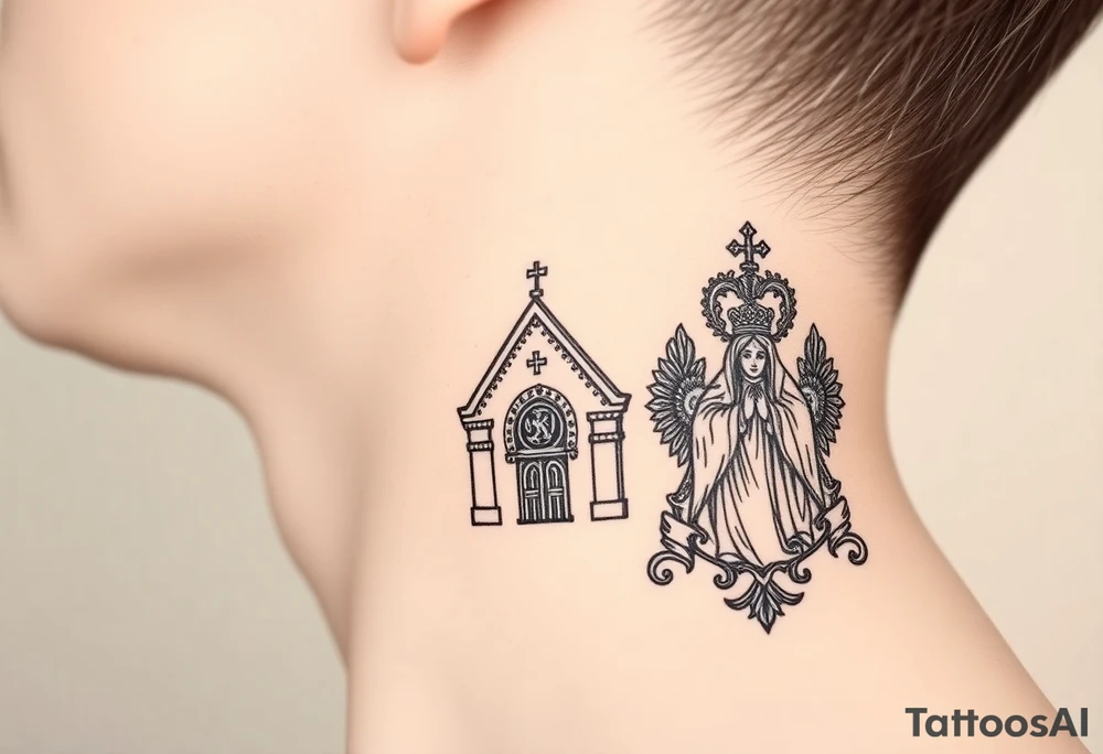 medium traditional russian orthodox church with russian coat arms and virgin mary on the side of the neck tattoo idea
