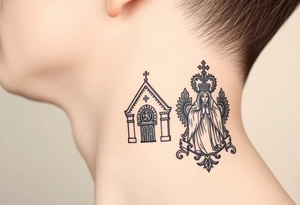 medium traditional russian orthodox church with russian coat arms and virgin mary on the side of the neck tattoo idea