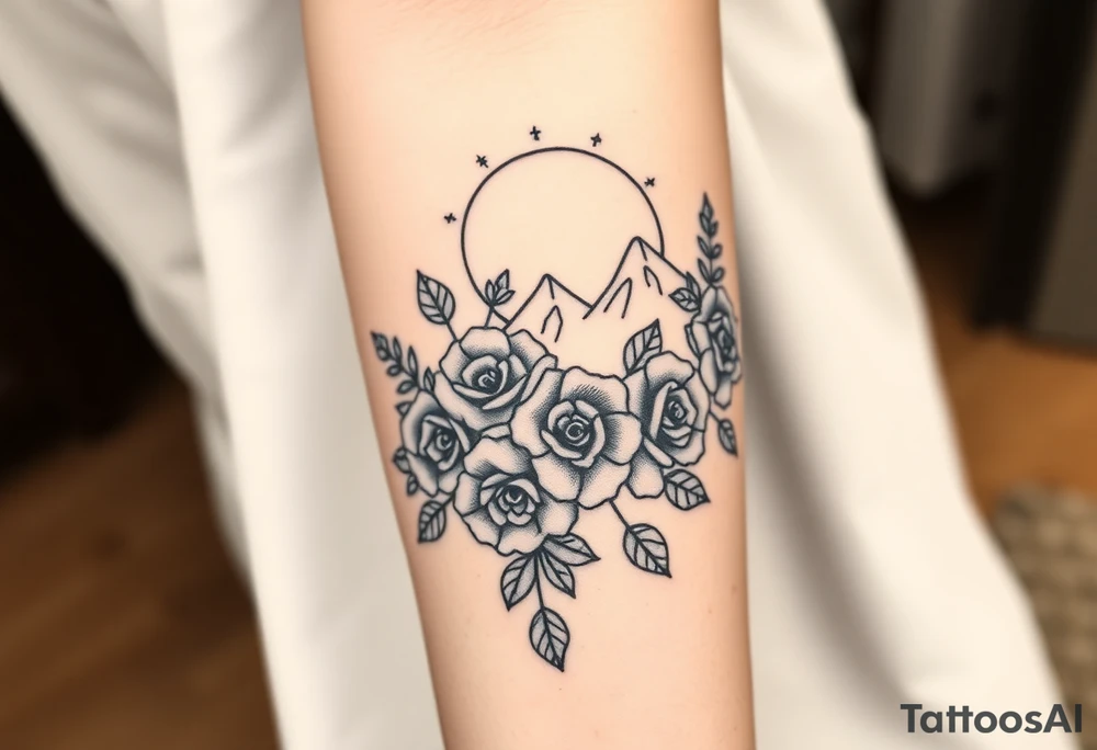 Roses wild flower vine with moon and stars mountains wrap around arm tattoo idea