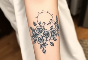 Roses wild flower vine with moon and stars mountains wrap around arm tattoo idea