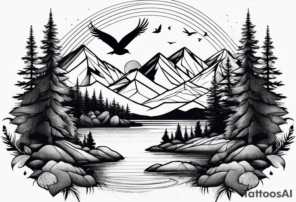 Nature landscape with mountains, birds and forest tattoo idea