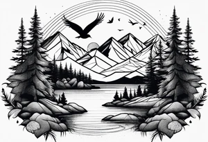 Nature landscape with mountains, birds and forest tattoo idea