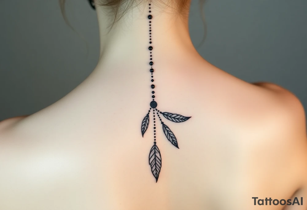 Thin spinal tattoo following down the spine in a native style with flowing lines made of a discreet connection of morse code ".--- .- --.     .-.. ... -.- .- .-.   -.. .. --.     .-.. .. .-.. .-.. . -... .-. --- .-. connected to flowing feathers tattoo idea