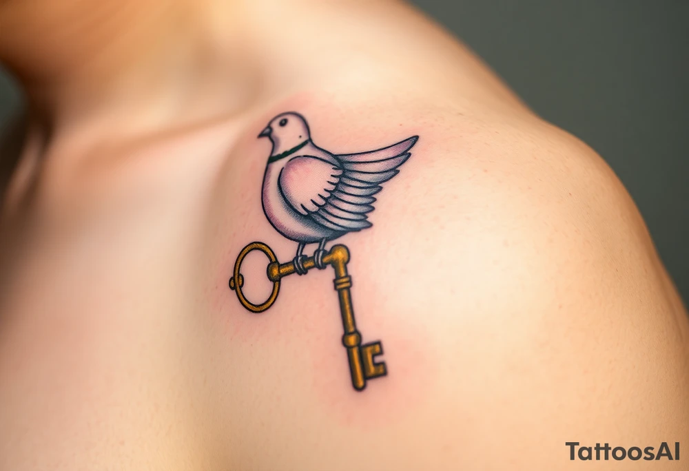 A collared dove perched on a vintage key, with the dove in soft browns and whites, and the key in antique gold, symbolizing love, protection, and freedom tattoo idea